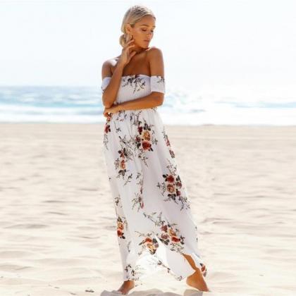Women Fashion Floral Printed Beach Long Dress