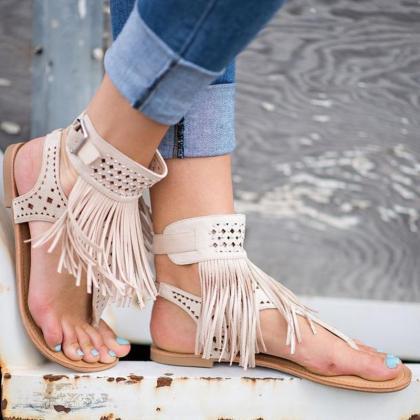 T-strap Tassel Fringe Sandals With Embellished..