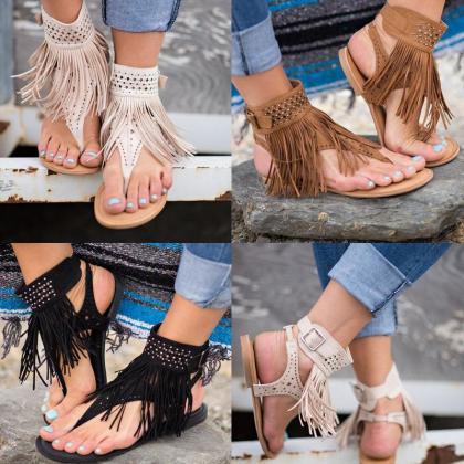 T-strap Tassel Fringe Sandals With Embellished..