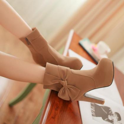 Women Solid Casual British High-heeled Bowknot..