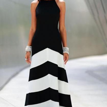 Women Elegant Summer Black And White Striped Long..