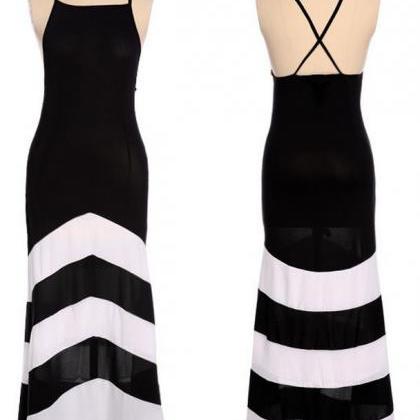 Women Elegant Summer Black And White Striped Long..