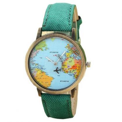World Map Plane Trip Pu Leather Green Band Watch