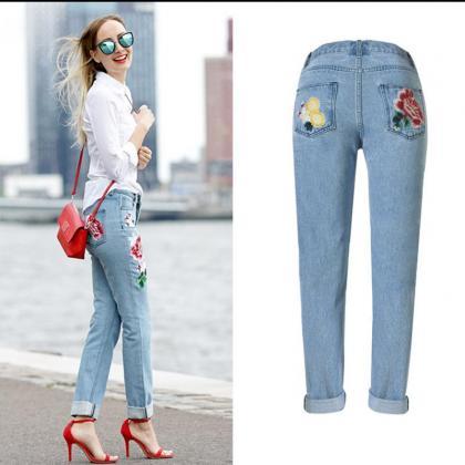 Jeans Women Slim 3d Embroided Rose Flower Printed