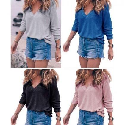 2017 Womens Full Sleeved Knit Solid Loose V-neck..