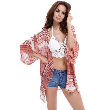 Womens Flower Printed Beach Blouse Cover-up