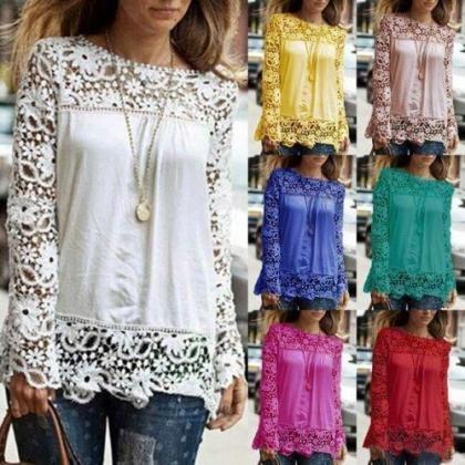 Womens Sheer Sleeve Embroidery Lace Chiffon Shirt