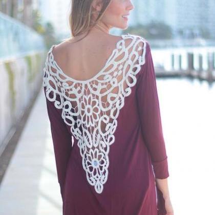 2017 Womens Pure Color Slim Back Lace Long Sleeve..