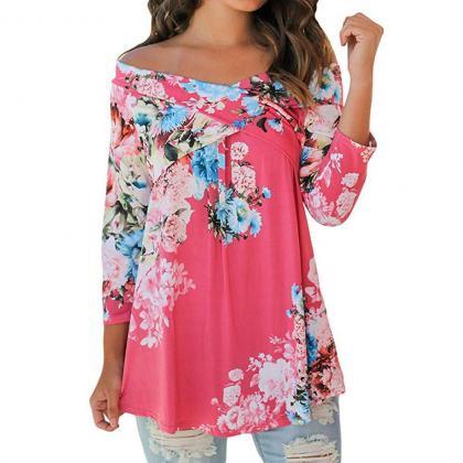 2017 Womens Floral Printed Cross Chest Long Sleeve..