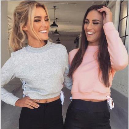 Crew Neck Long Cuffed Sleeves Cropped Pullover..