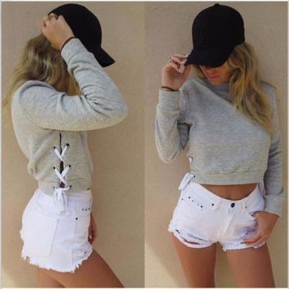 Crew Neck Long Cuffed Sleeves Cropped Pullover..
