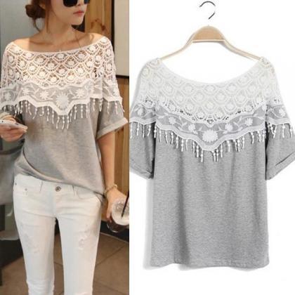 Women Sweet Hollow Out Off Shoulder Lace Loose Tee..