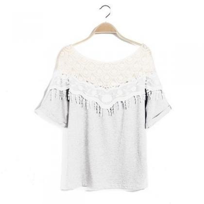Women Sweet Hollow Out Off Shoulder Lace Loose Tee..