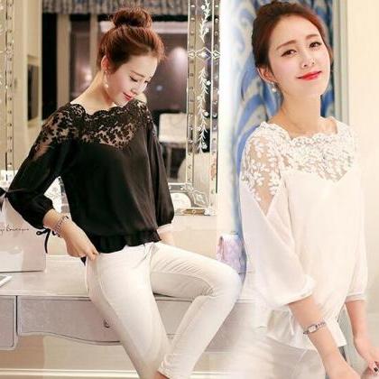 Womens Slim Lace Mesh Casual Long Sleeved O-neck..