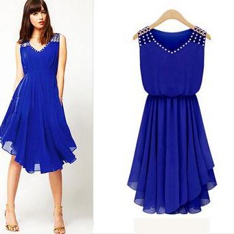 Asymmetrical Hem Rivet Design Blue Chiffon Dress