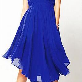 Asymmetrical Hem Rivet Design Blue Chiffon Dress