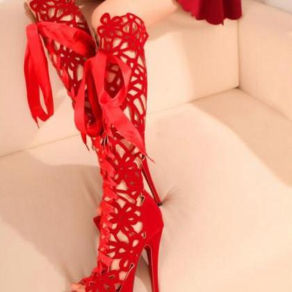 Spring And Summer High-heeled Boots Lace Boots