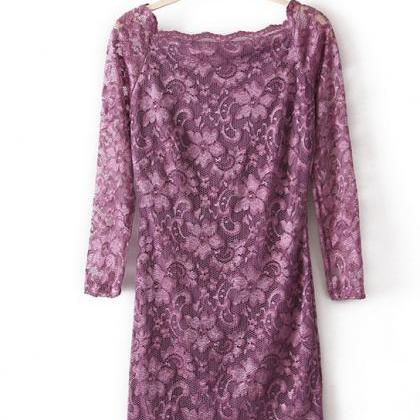 Fashion Lace Long-sleeved Dress - Purple