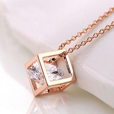 18k Rose Gold Plated Simple Square Necklace Cube Pendant Everyday Jewerly