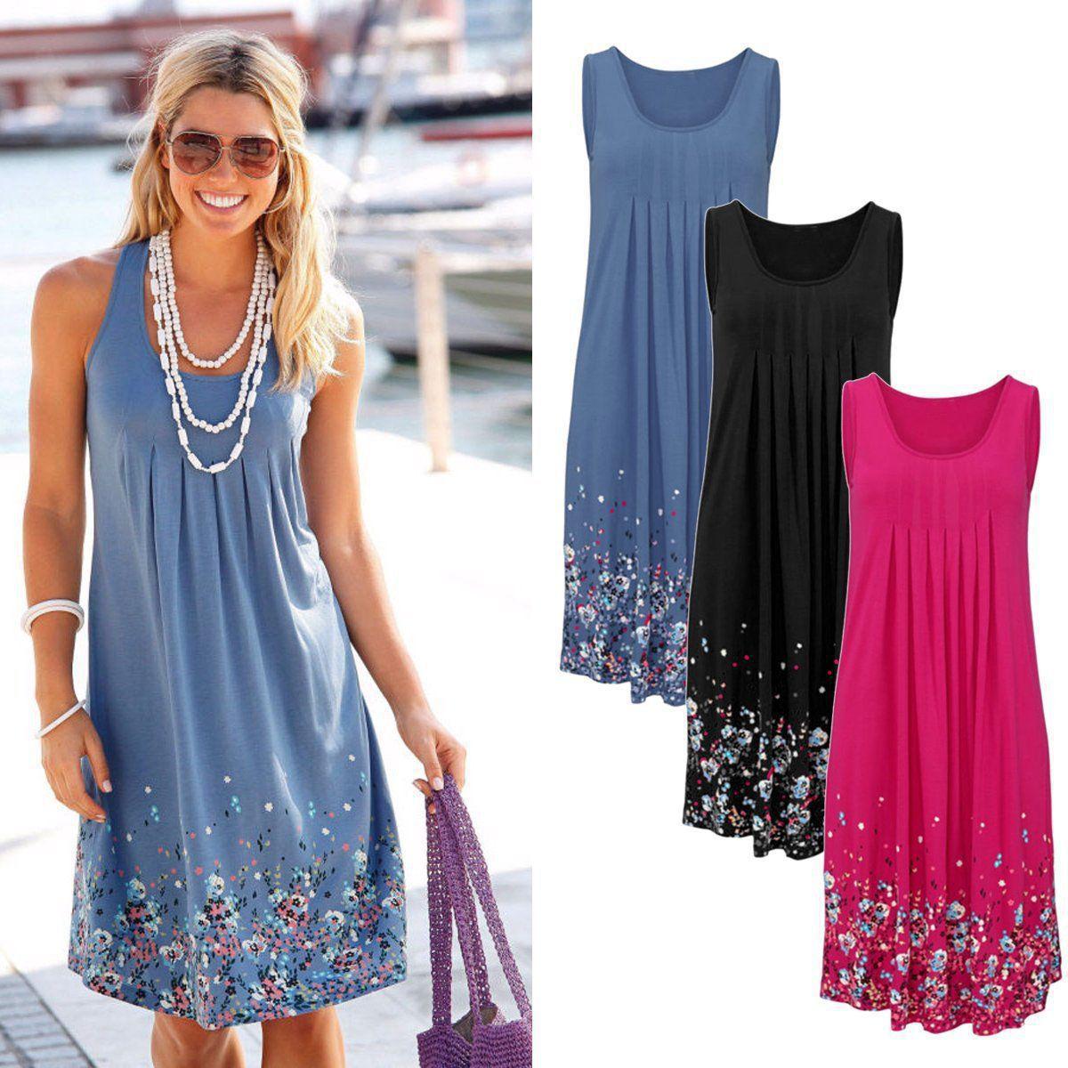 Women Summer Casual Party Loose Floral Printing Sleeveless Beach Dress