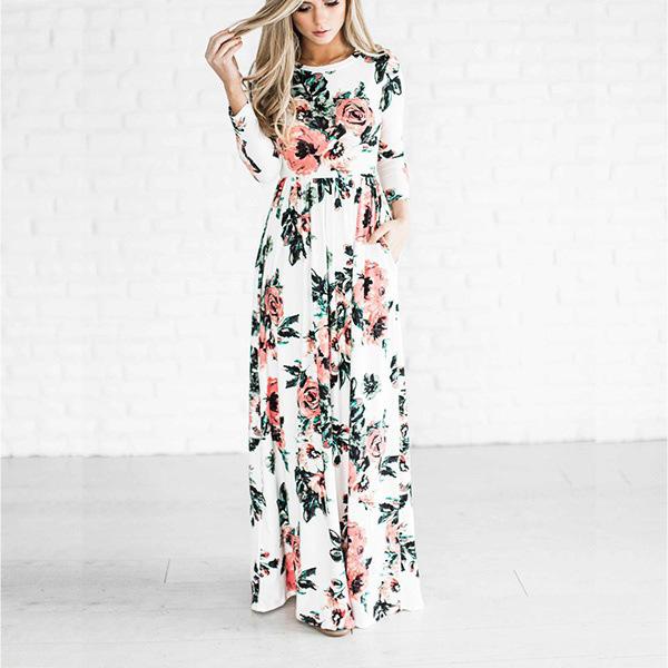 Women's Fashion Spring 3/4 Sleeve Classic Rose Maxi Dresses