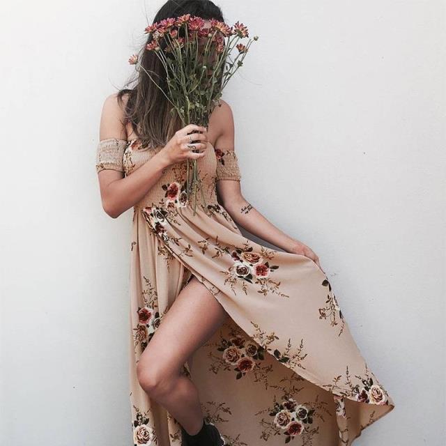Women Fashion Floral Printed Beach Long Dress