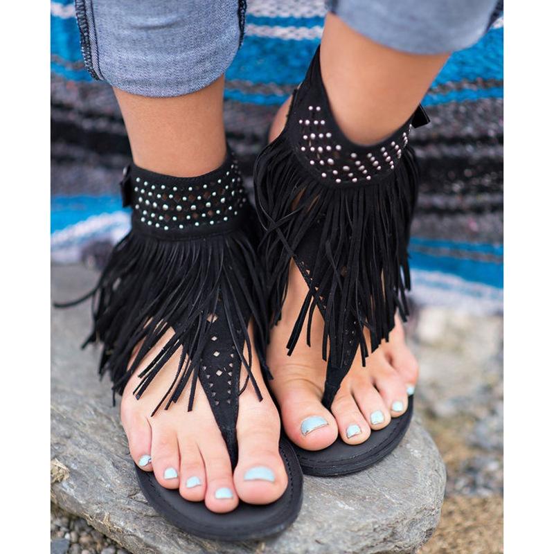 T-strap Tassel Fringe Sandals With Embellished Ankle Strap