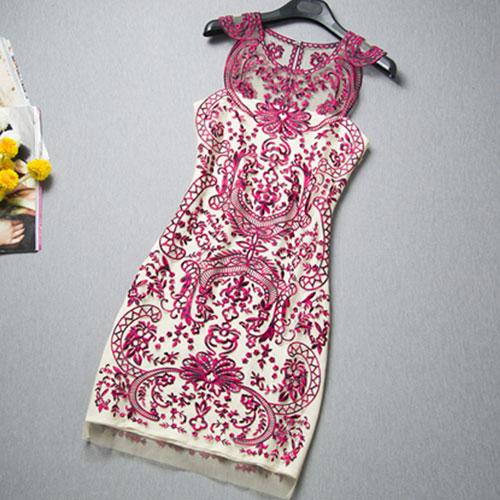 Wemen Lace Sleeveless Flowers Embroidery Sheer Tunic Tank Party Prom Dress