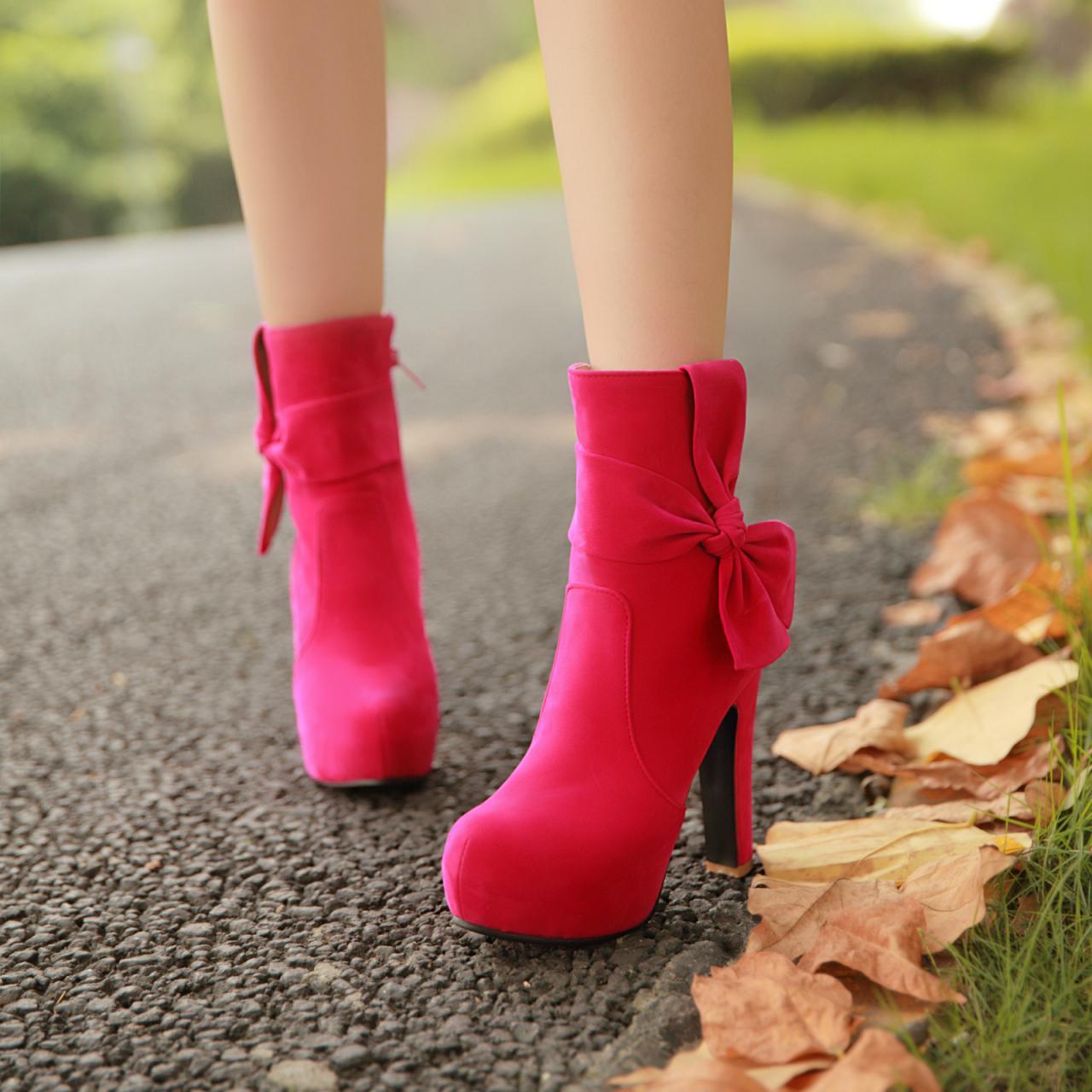 Women Solid Casual British High-heeled Bowknot Ankle Boots