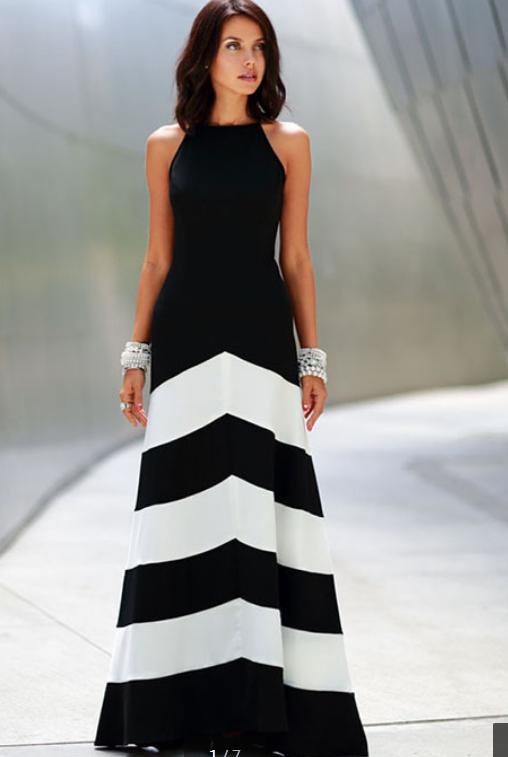 Women Elegant Summer Black And White Striped Long Dress
