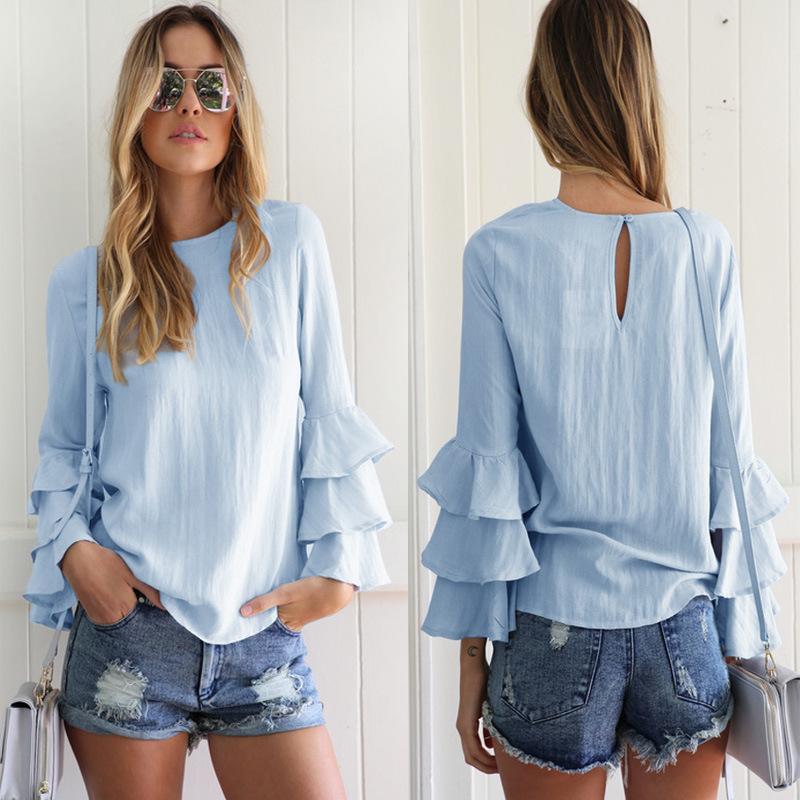 Blouse Women Casual Loose Solid Fold Sleeve
