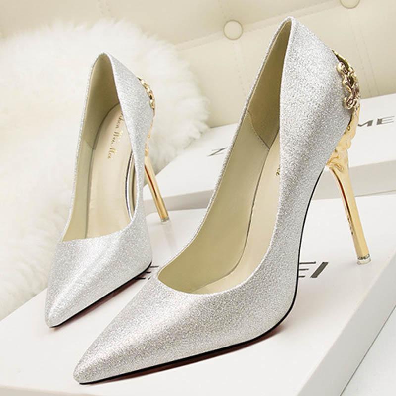 Glitter Pointed-toe High Heel Stilettos Featuring Gold Metal Encrusted Filigree