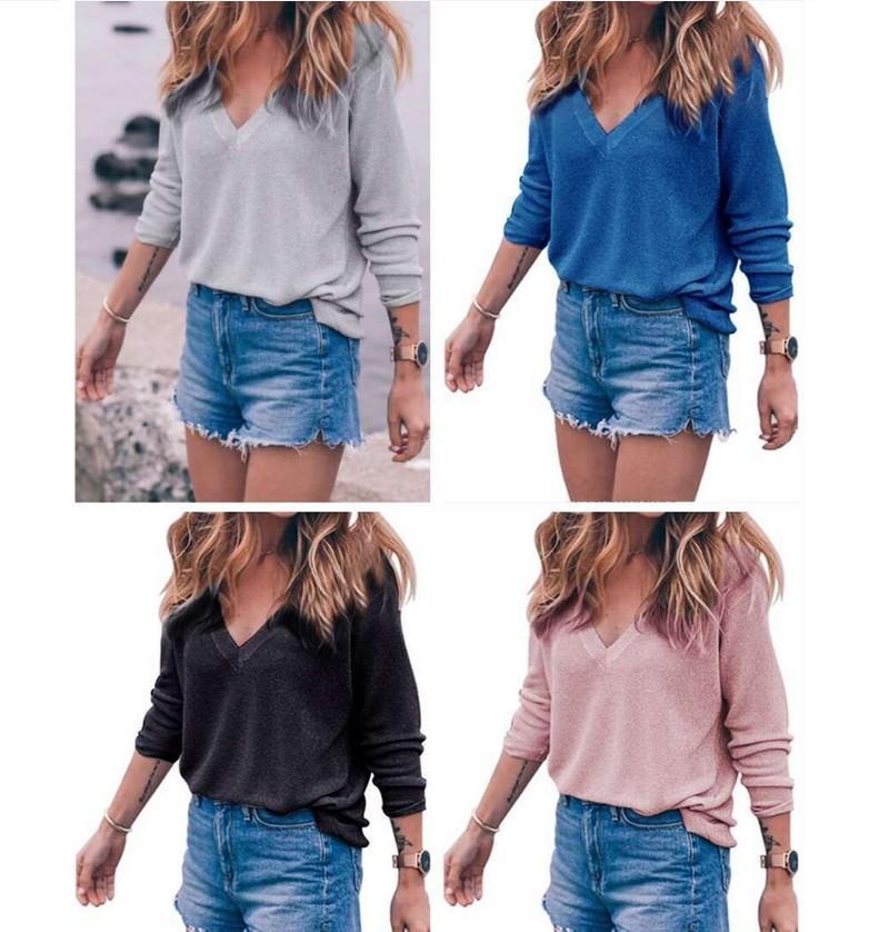 2017 Womens Full Sleeved Knit Solid Loose V-neck Sweater