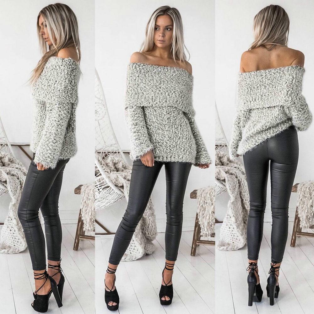 Womens Sexy Off Shoulder Jumper Slash Neck Long Sleeve Knitted Pullovers