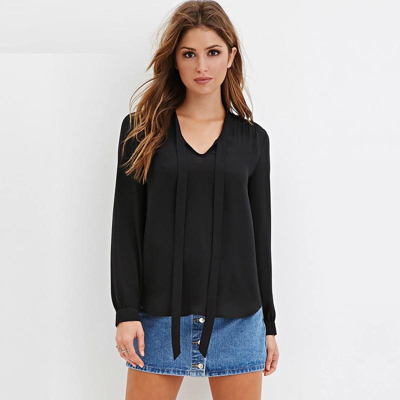 Chiffon Bow Accent Plunge V Long Cuffed Sleeves Top