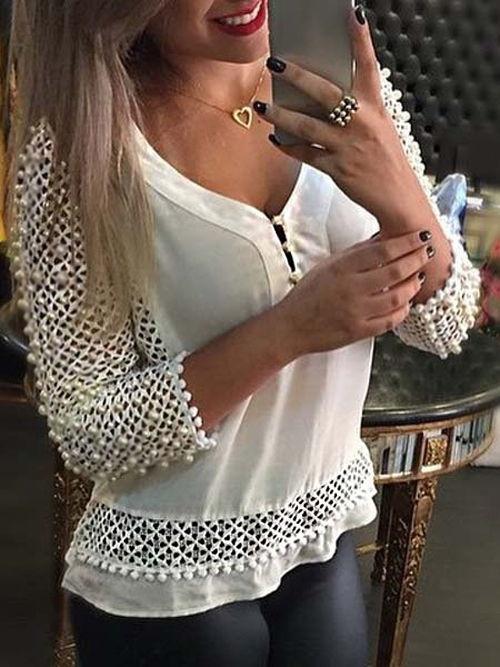 Women's Fashion Loose V-neck Tops Hollow Lace Long Sleeve T-shirt Casual Blouse