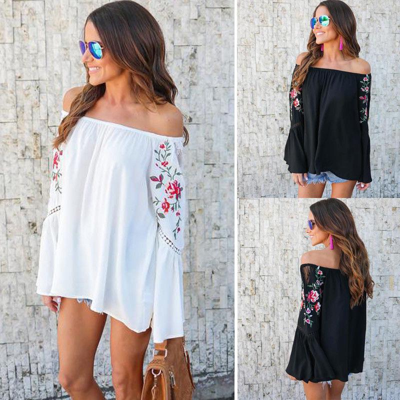 Women Off Shoulder Floral Printed Tops Loose Flare Sleeve Casual T-shirt Blouse