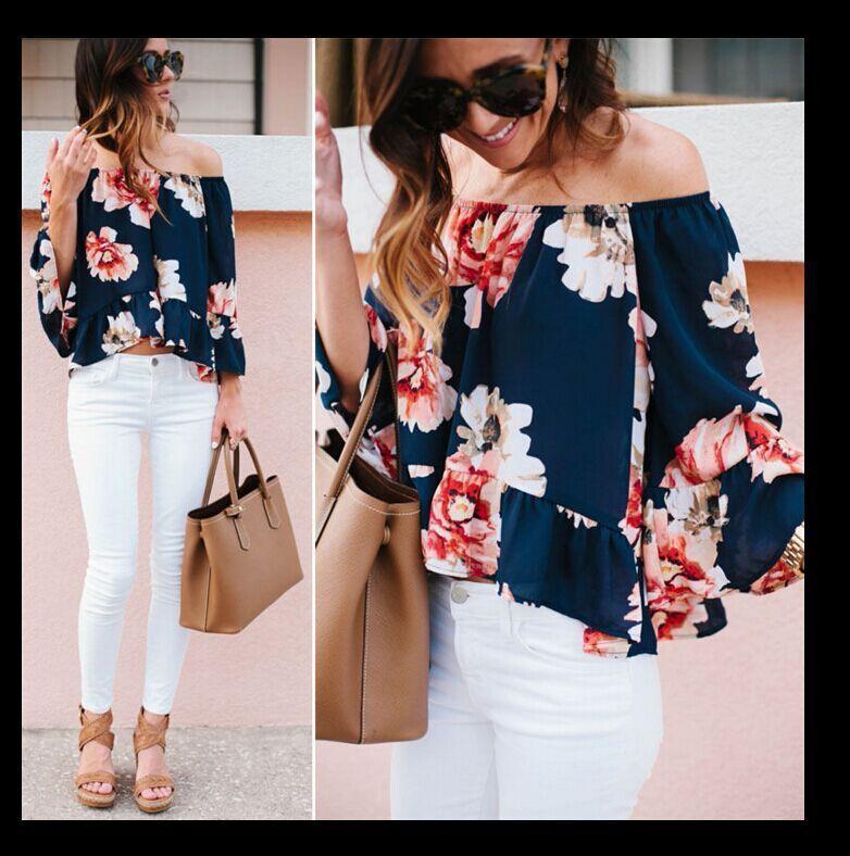 Womens Floral Printed Off Shoulder Long Sleeve Blouse