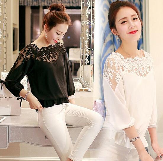 Womens Slim Lace Mesh Casual Long Sleeved O-neck Blouse