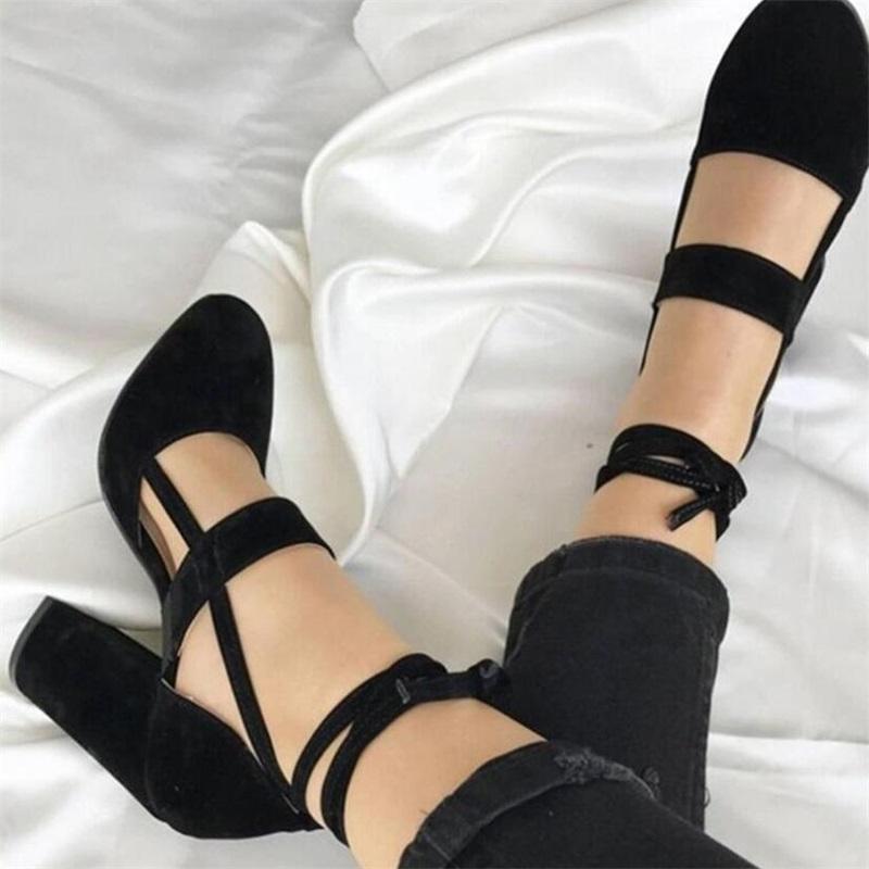 Black High Heels Sandals Pumps With Ankle Straps