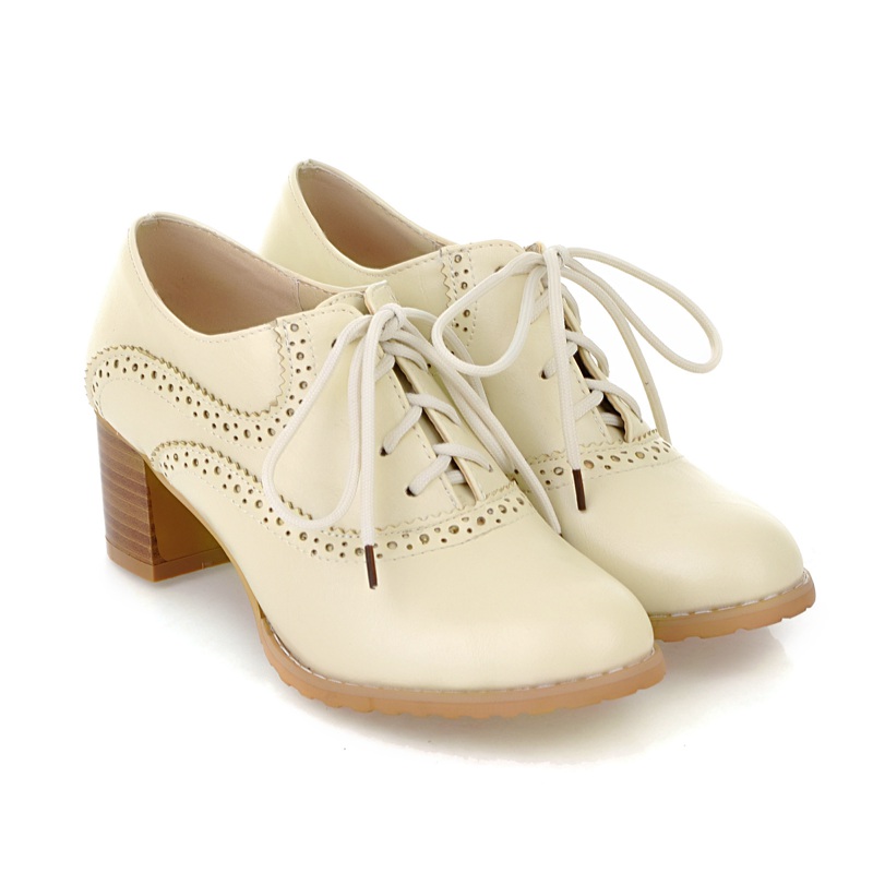 Brogue Womens Oxford Lace Up Wing Tip Retro Mid Chunky Heel Slip On Shoes Beige