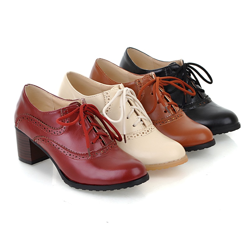 Brogue Womens Oxford Lace Up Wing Tip Retro Mid Chunky Heel Slip On