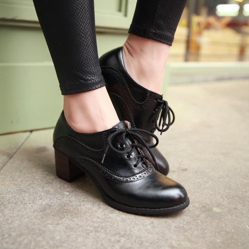 Brogue Womens Oxford Lace Up Wing Tip Retro Mid Chunky Heel Slip On