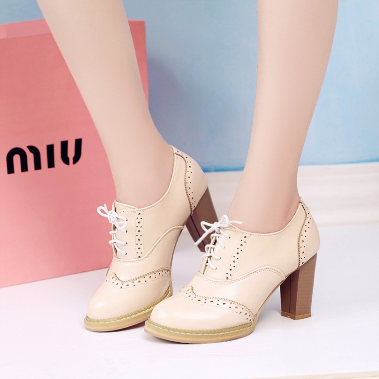 Women's Punk Pointed Toe Lace Up Platform Block High Heels Ankle Boots Shoes Beige