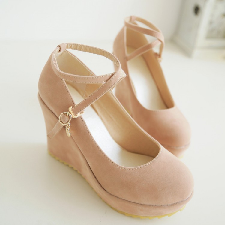 Women's Pure Color High Heel Wedge Heel Suede Crossed Lace Loafers on