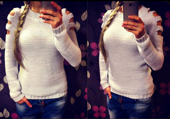 2015 Women Autumn & Winter Warm Long Sleeve Shoulder Hollow Out Sexy Knit Sweater White Fashion Knitted Pullover