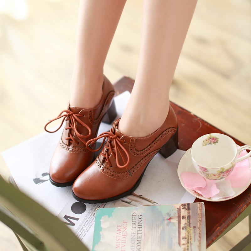 Brogue Womens Oxford Lace Up Wing Tip Retro Mid Chunky Heel Slip On
